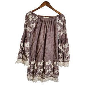 Boho Jane Brown Embroidered Fringe Tunic Mini Dress Festival Bell Sleeve Size M